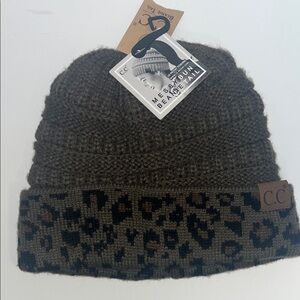 C.C Beanie Tail Olive Animal Print Knit Beanie, New, Cozy, Leopard Print